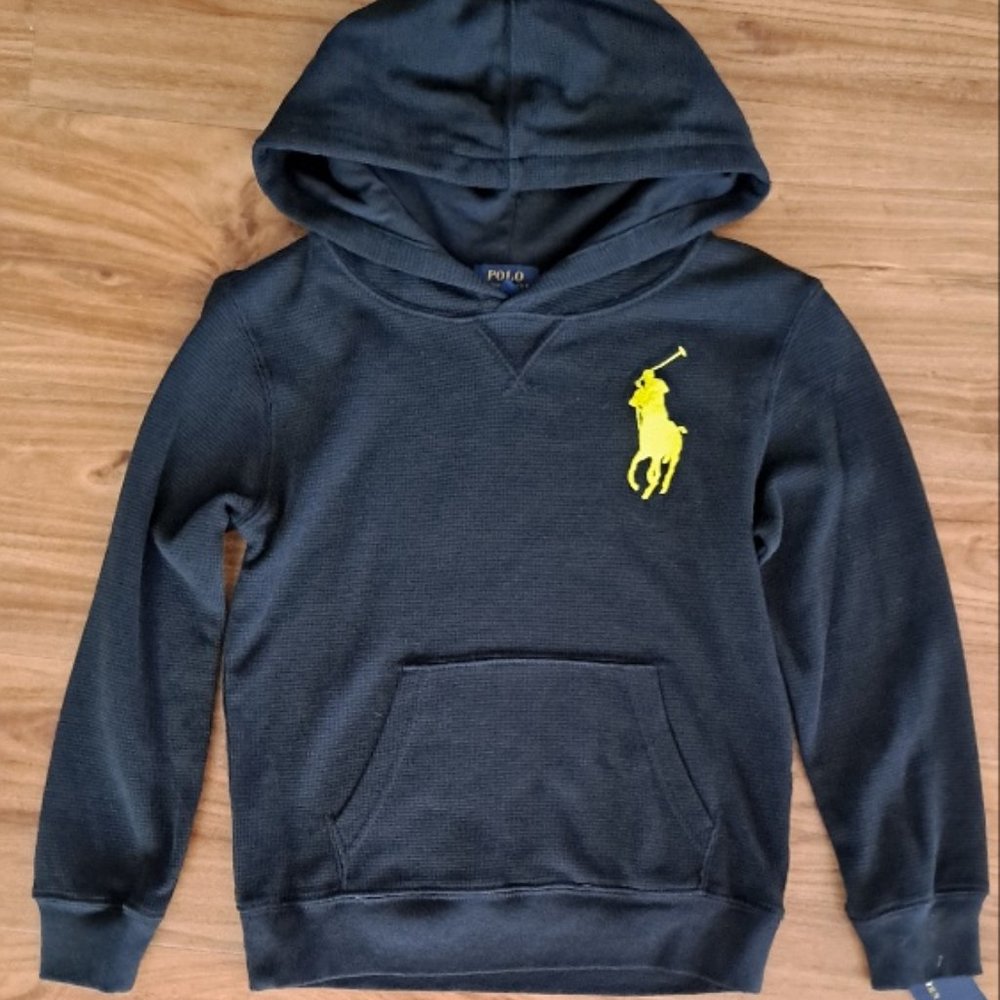 NWT Boys Polo Ralph Lauren l/s black sz 7 pullover waffle-knit hoodie big pony